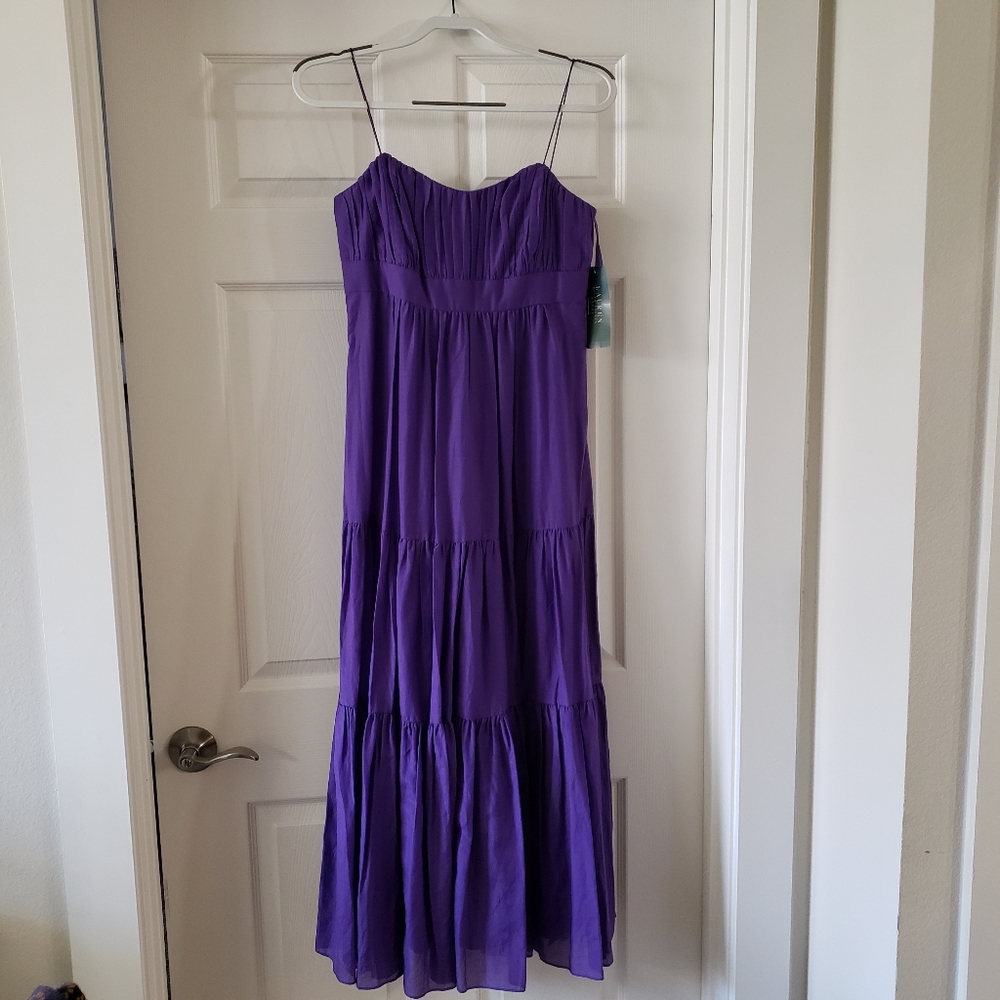NWT Ralph Lauren violet purple cotton-silk smocked empire tiered maxi dress